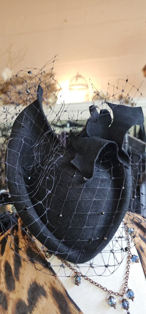Kalico Delafay Kalico Delafay Veiled Felt sculpted tilt hat with Bat and Swarovski crystals