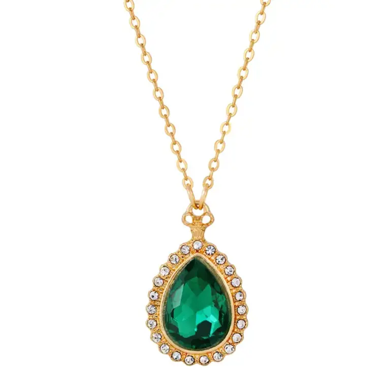 1928 Jewelry Regency Teardrop Green Crystal Pendant Necklace 16" + 3" Ext