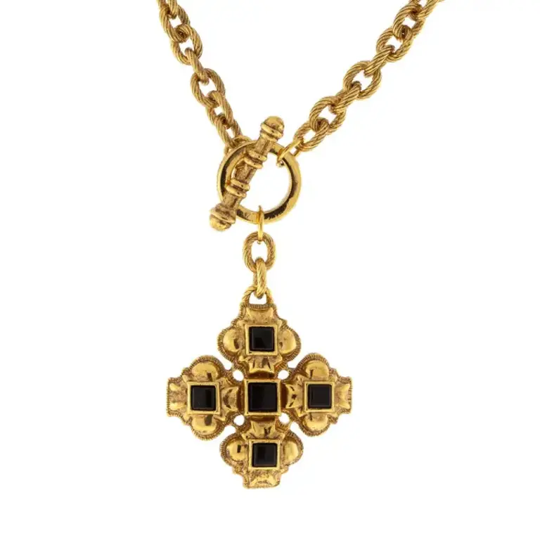 1928 Jewelry Square Black Onyx Cross Pendant Toggle Necklace, 17-Inch
