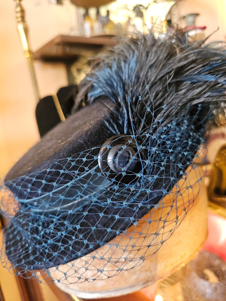 Kalico Delafay Black Felt Boater with Deep Teal Ribbon/Ostrich Feather