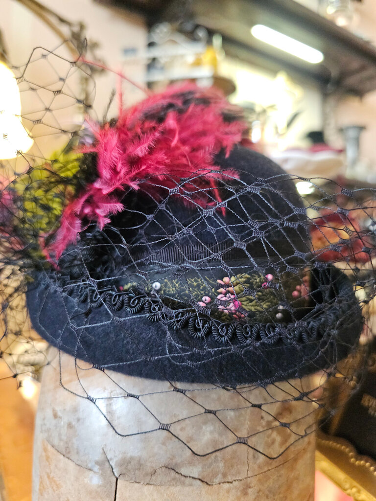 Kalico Delafay Black Felt Mini Bowler with Floral Ribbon and Ostrich Feathers
