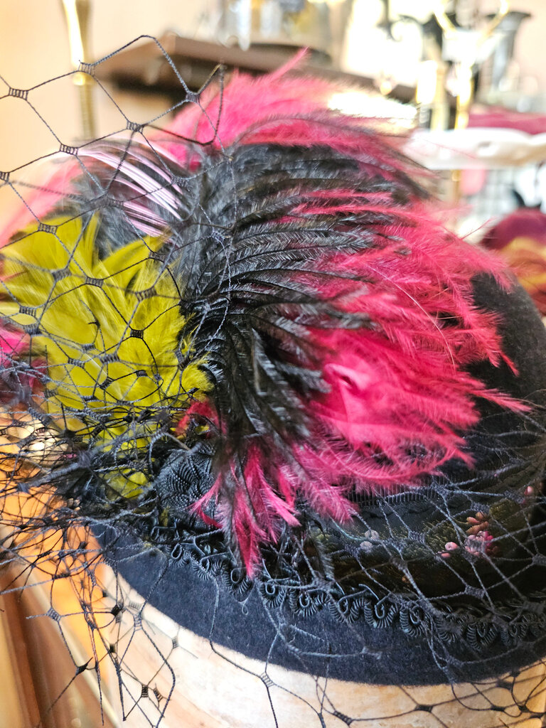 Kalico Delafay Black Felt Mini Bowler with Floral Ribbon and Ostrich Feathers