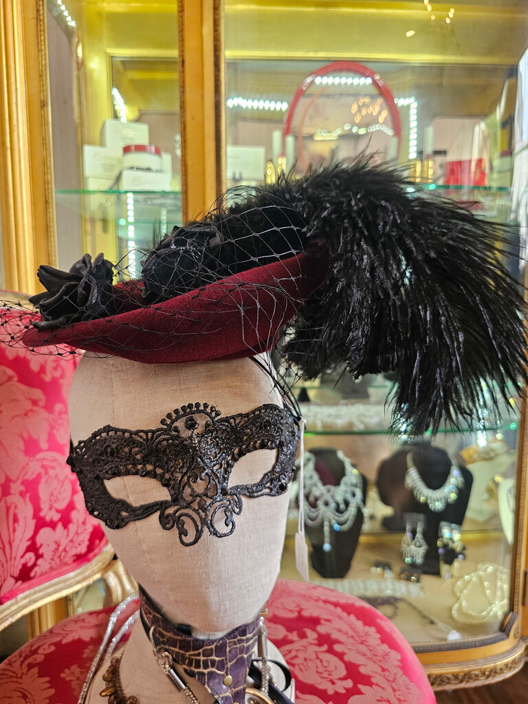 Kalico Delafay Kalico Delafay Brick Red Felt Tilt Hat with Veiling & Leather Roses