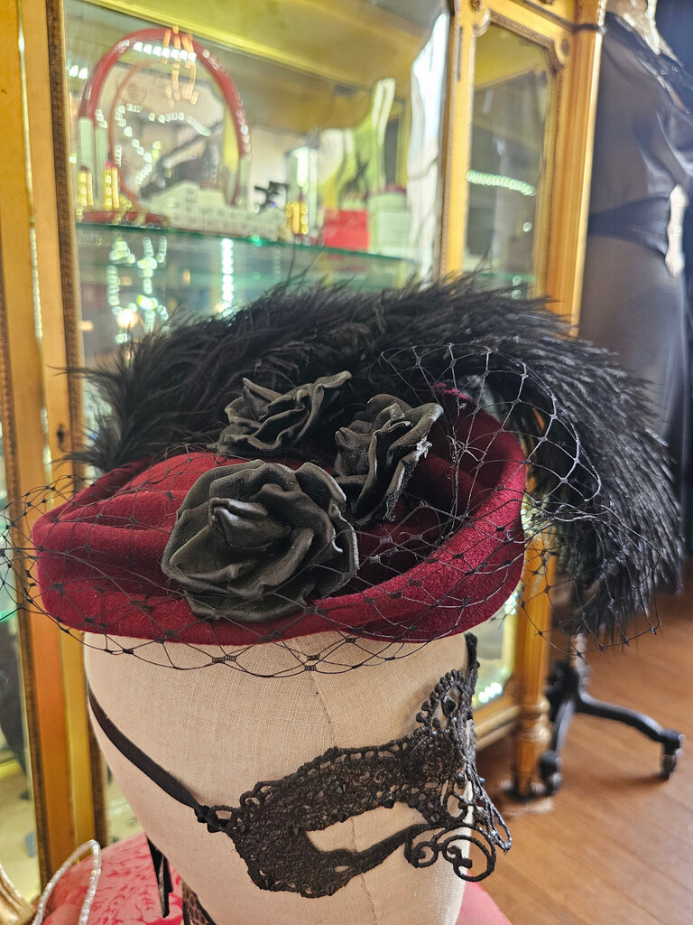 Kalico Delafay Kalico Delafay Brick Red Felt Tilt Hat with Veiling & Leather Roses
