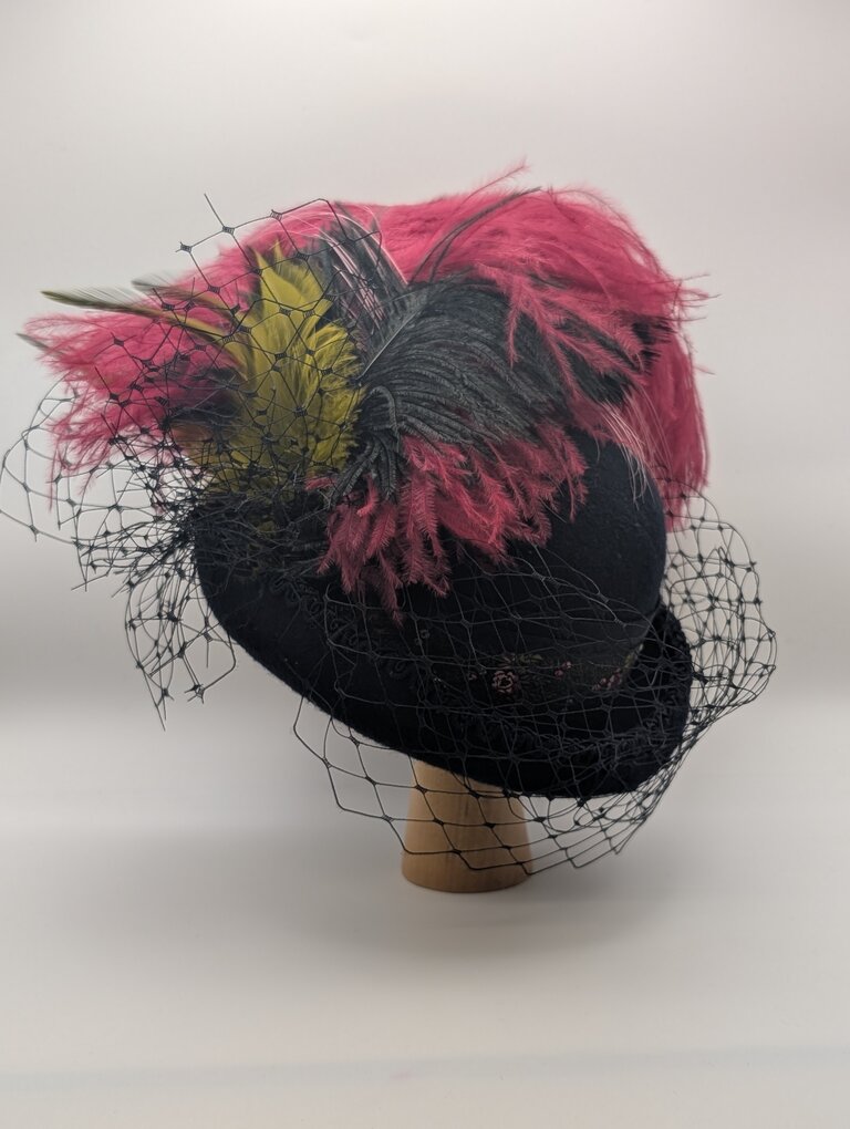 Kalico Delafay Black Felt Mini Bowler with Floral Ribbon and Ostrich Feathers