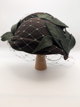 Kalico Delafay Brown felt hat with hand-dyed veil & molded felt leaves