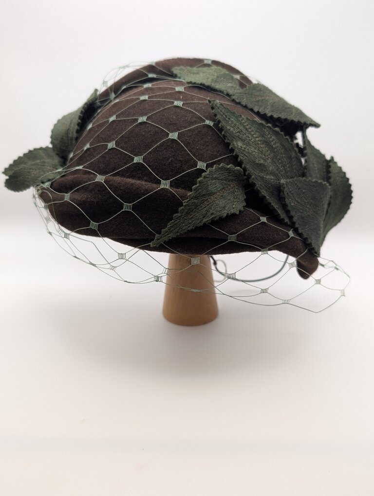 Kalico Delafay Kalico Delafay Brown Felt hat with hand-dyed veil & molded felt leaves