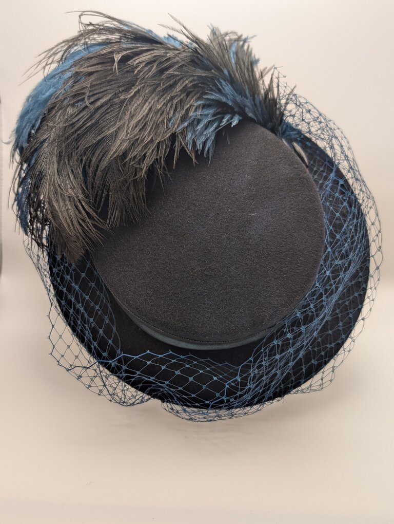 Kalico Delafay Black Felt Boater with Deep Teal Ribbon/Ostrich Feather