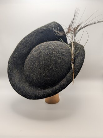 Kalico Delafay Dark Grey-Green Tilt Hat with Peacock Feathers & Vintage Buttons