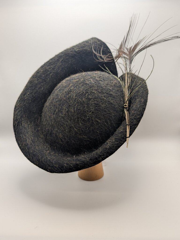 Kalico Delafay Kalico Delafay Dark Grey Green Tilt Hat with Peacock feathers & Vintage Buttons