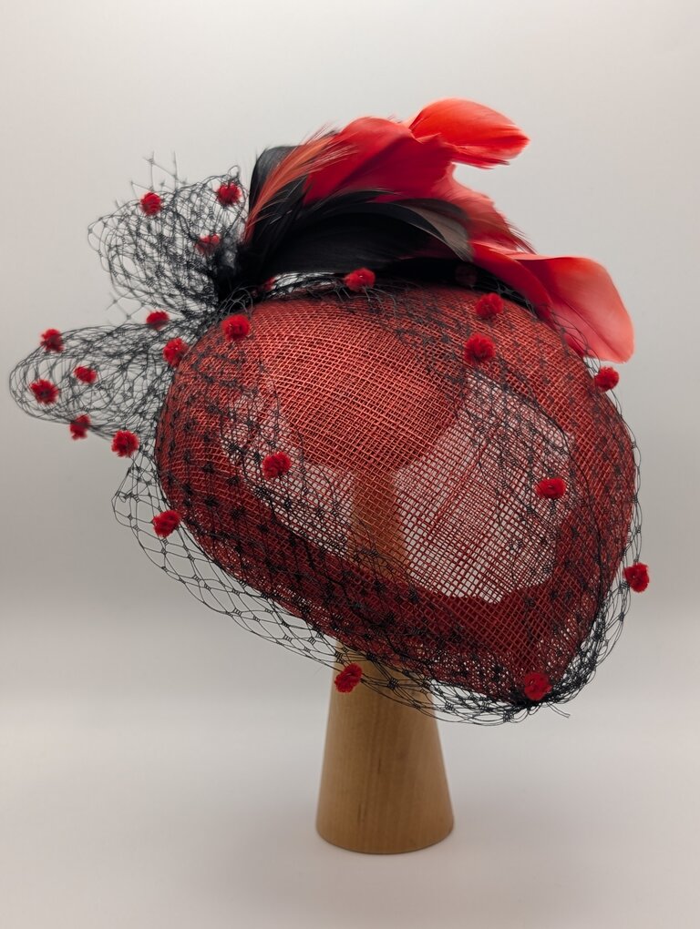 Kalico Delafay Kalico Delafay Red Sinamay Teardrop Fascinator with Black Veil, Chenille Dots, & Black and Red Feathers