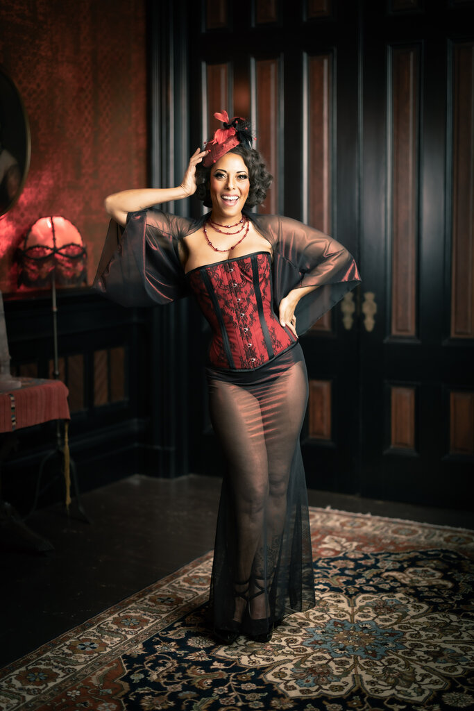 Kalico Delafay Kalico Delafay Red Sinamay Teardrop Fascinator with Black Veil, Chenille Dots, & Black and Red Feathers