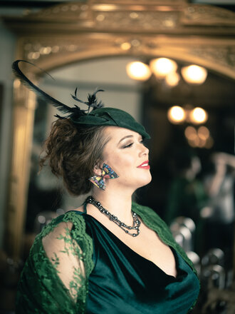 Kalico Delafay Green Sculpted Felt Hat with Vintage Bird & Removable Curled Black Pheasant Feather