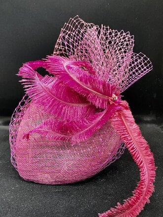 Kalico Delafay Raspberry  Sinamay Teardrop with Tonal Veiling & Ostrich Feathers