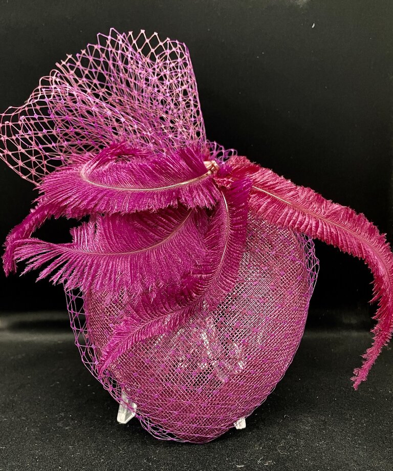 Kalico Delafay Kalico Delafay Raspberry & Purple Sinamay Teardrop with Tonal Veiling & Ostrich Feathers