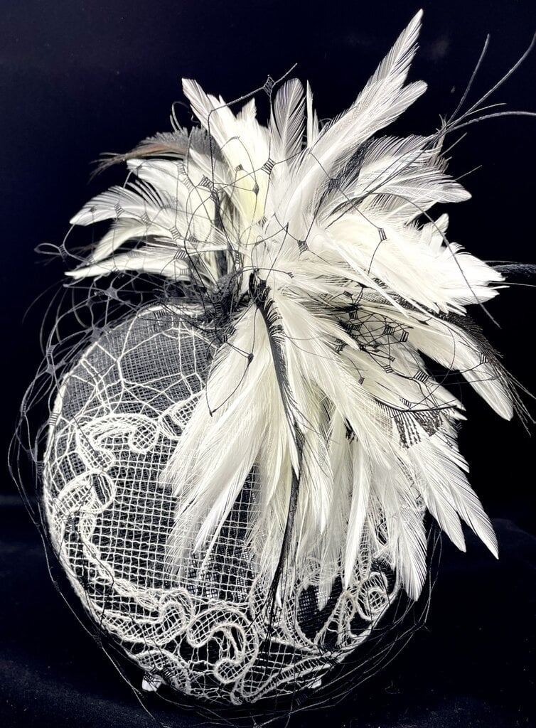 Kalico Delafay Kalico Delafay Black Sinamay Large Black with White Lace Teardrop with Veiling & Black and White feather Spray