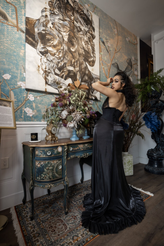 Miss Dark Garden Signature Carmen Wrap Skirt in Shimmer Satin