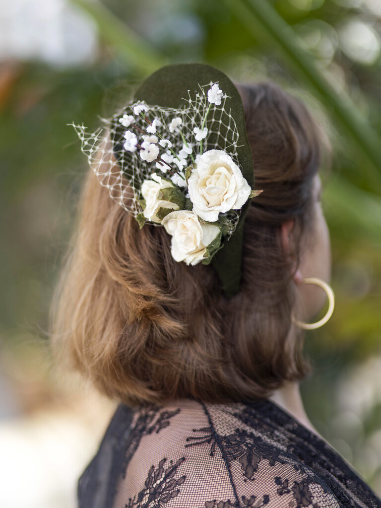 Kalico Delafay Kalico Delafay Olive Felt Fascinator Clip with Vintage Velvet Flowers