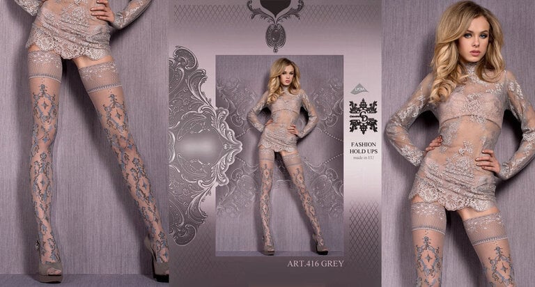 StudioCollants Studio Collants Hosiery: Grey & Blue Sheer French Lace Hold-Up Stockings