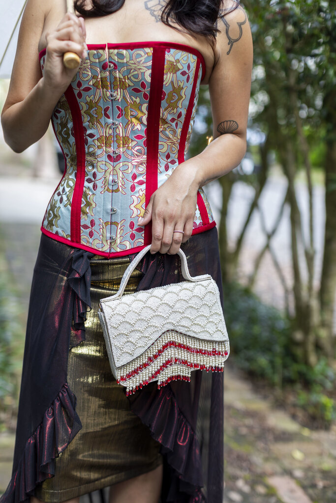 Dark Garden Wiggle Skirt in Metallic Stretch