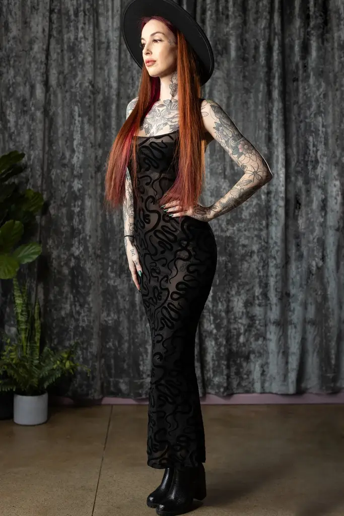 Witchwood Bags Velvet Flock Sheer Hourglass Maxi Dress in Snakes