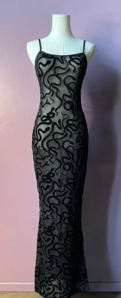 Witchwood Bags Velvet Flock Sheer Hourglass Maxi Dress in Snakes