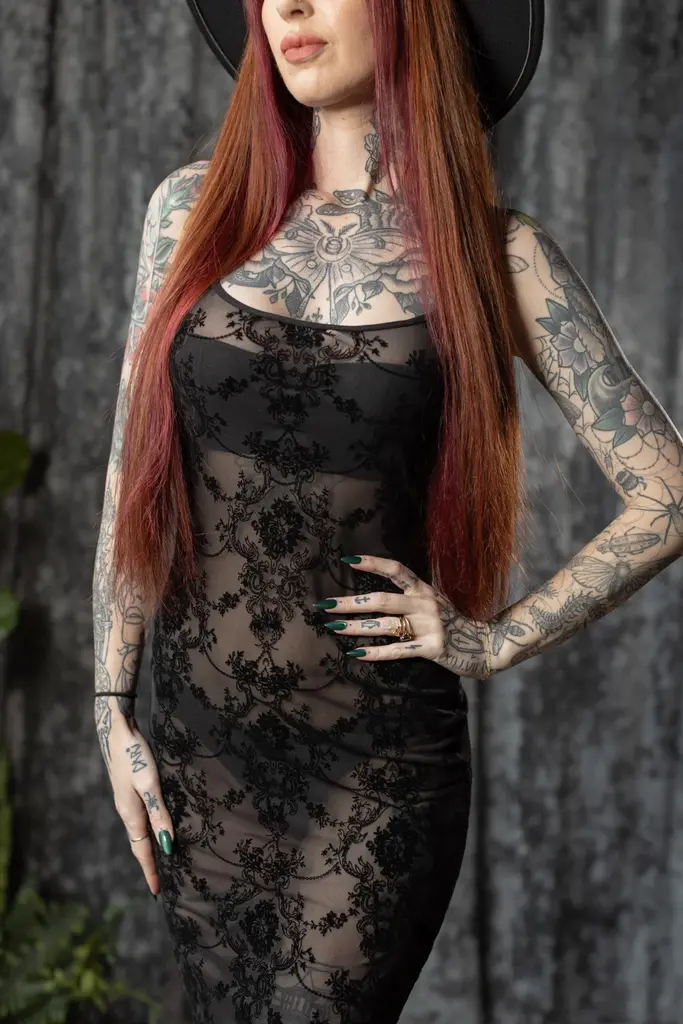 Witchwood Bags Velvet Flock Sheer Hourglass Maxi Dress in Damask