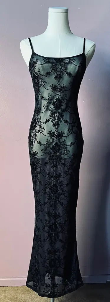 Witchwood Bags Velvet Flock Sheer Hourglass Maxi Dress in Damask