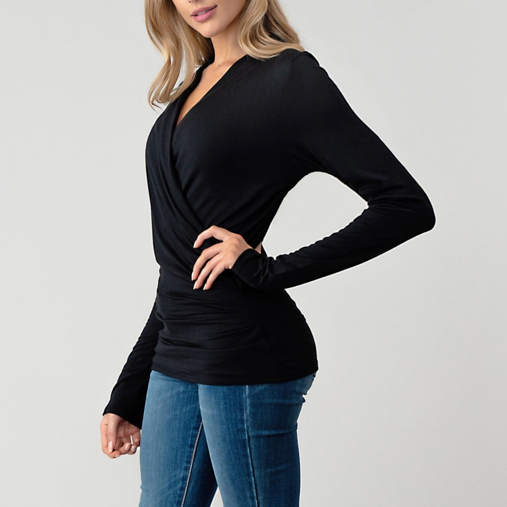 Heimious Ruched Sleeve Surplice Top