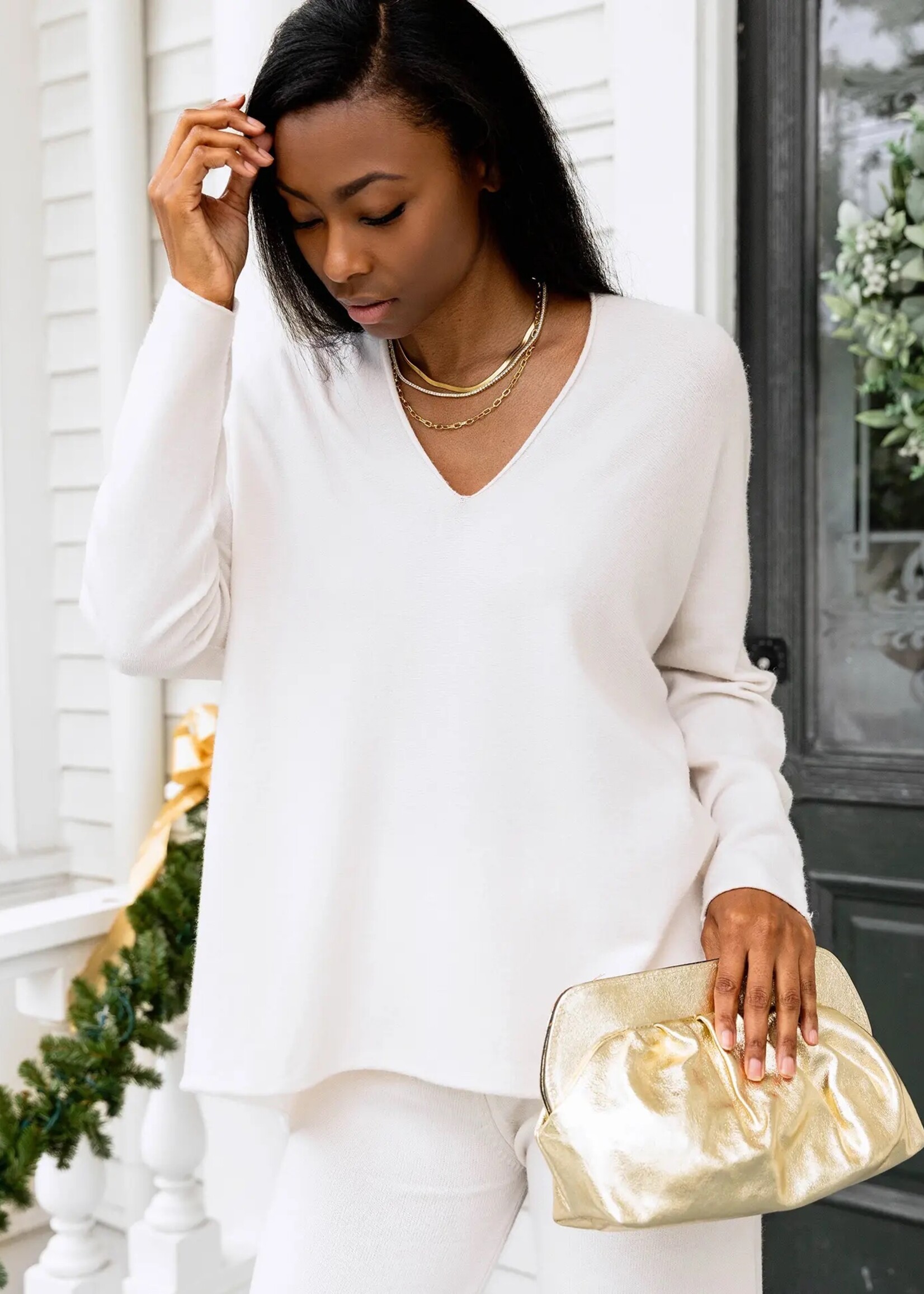 CobbleStone Living Claudia Knit V-Neck Sweater