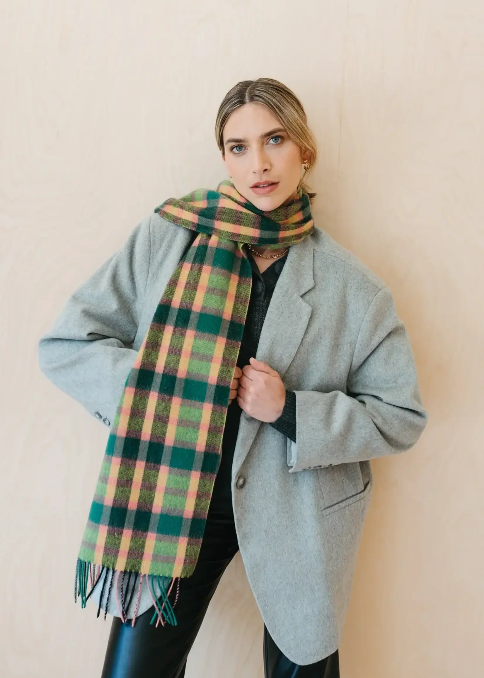 The Tartan Blanket Co. Lime Multi-Check Oversized Lambswool Scarf