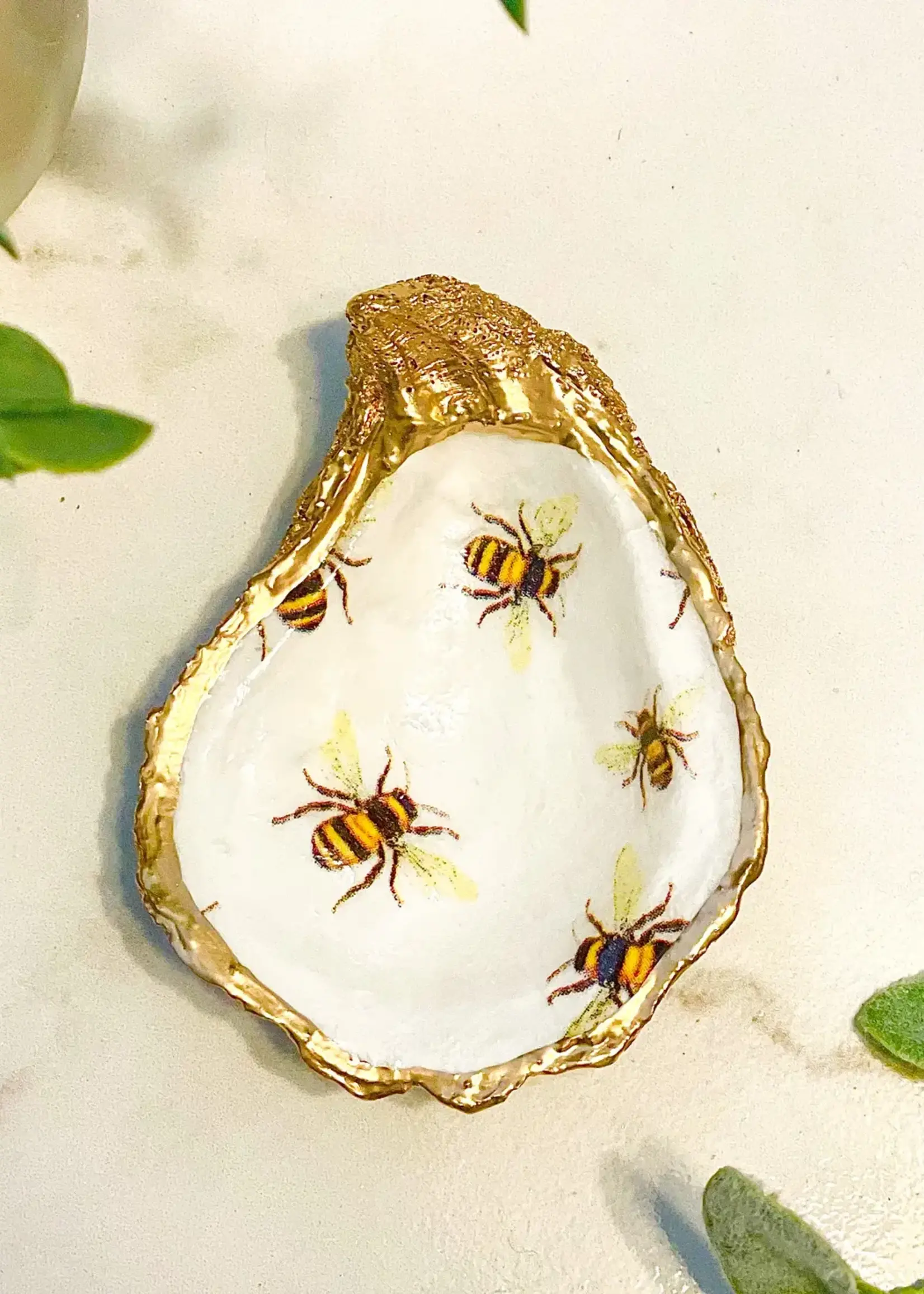 Sea Shell Jewelry Dish Trinket Dish Ring Dish Butterfly Hand Painted  Decoupage Oyster Shell Gold Leaf Paint Bee's