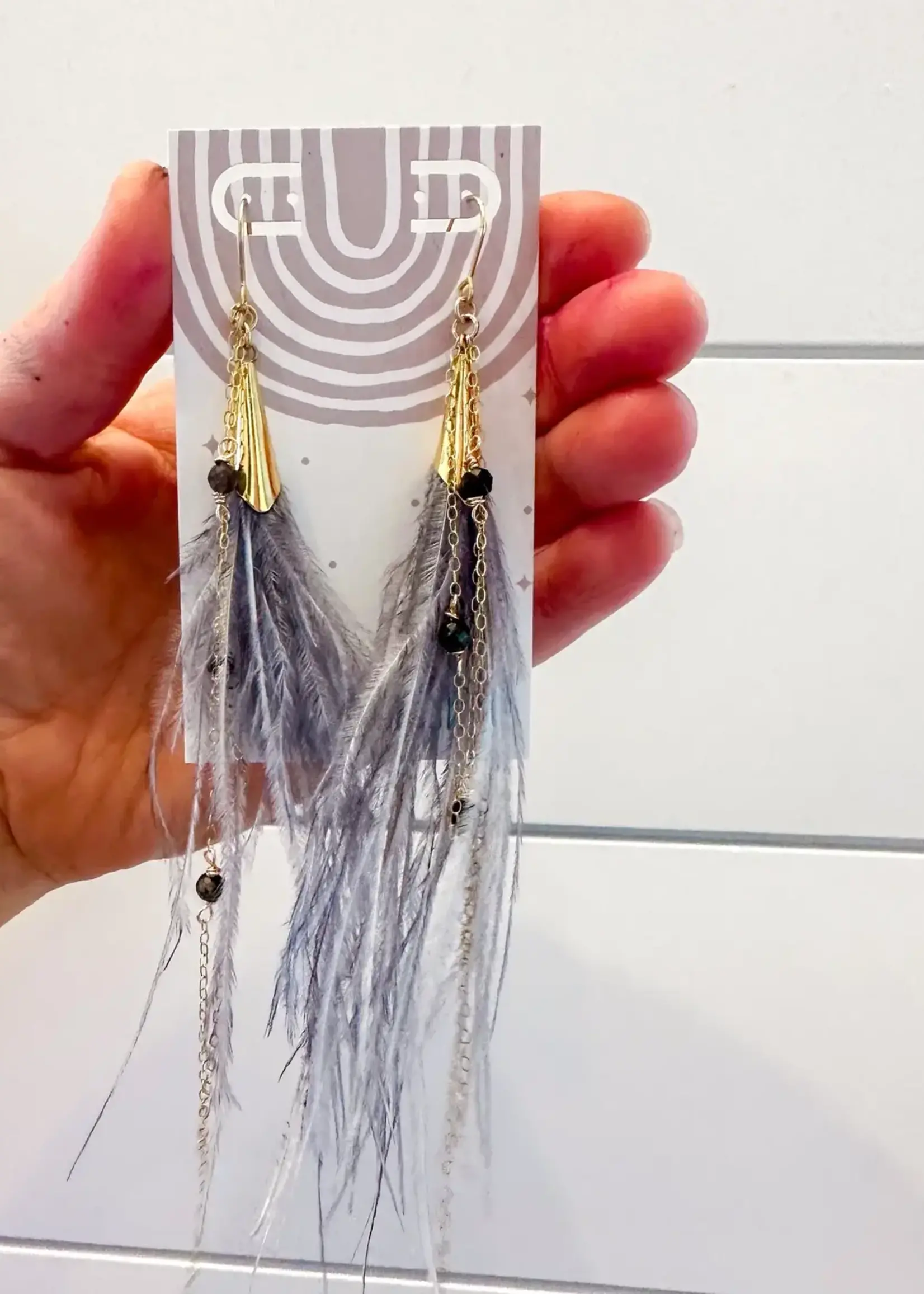 Elise Marie Designs Ostrich Feather and Sapphire Duster Earrings