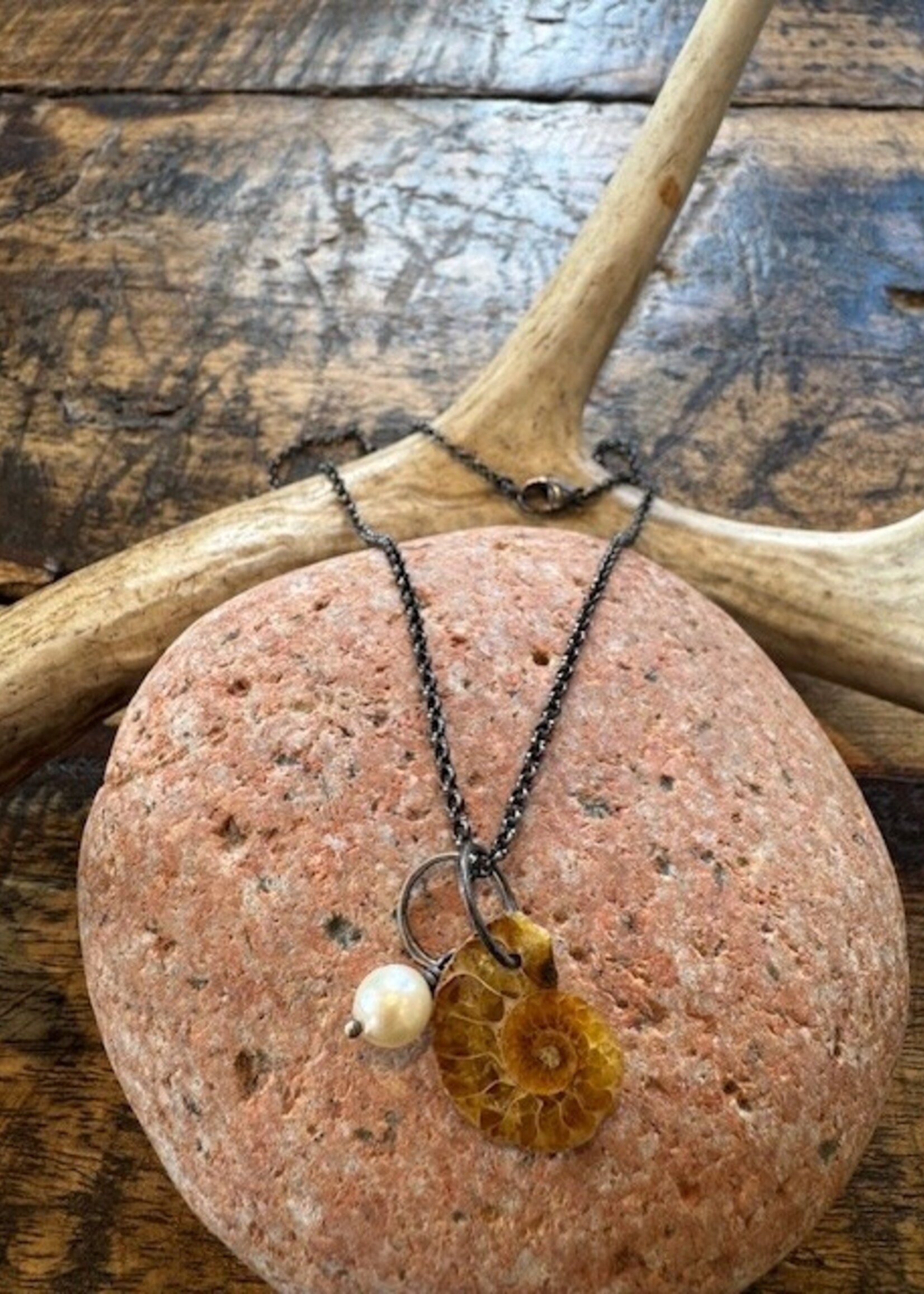 Jackie Haines Jewelry Ammonite, akoya salt water pearl