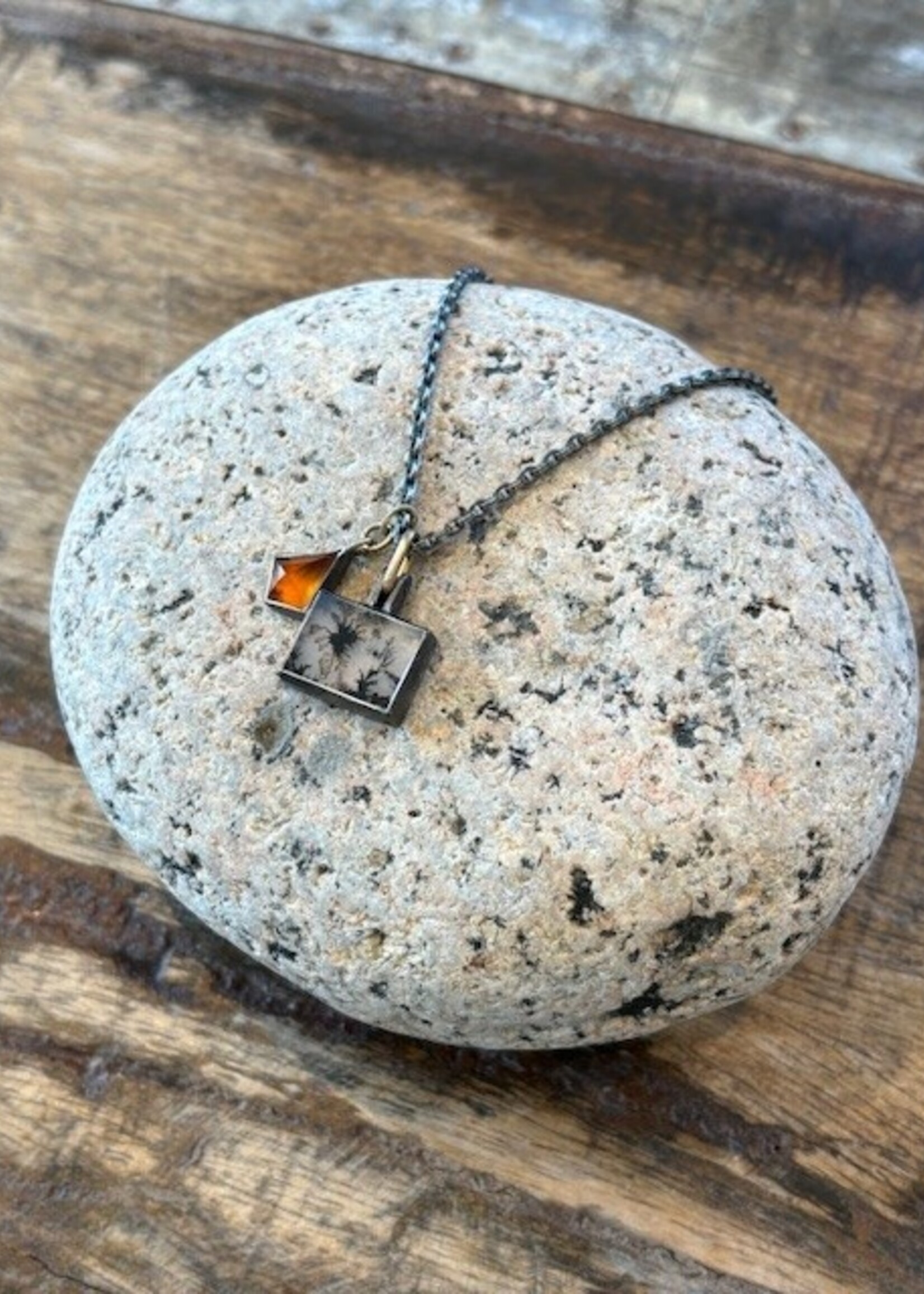 Jackie Haines Jewelry Dendritic Agate, Spessartine Garnet, 22k, 18" chain