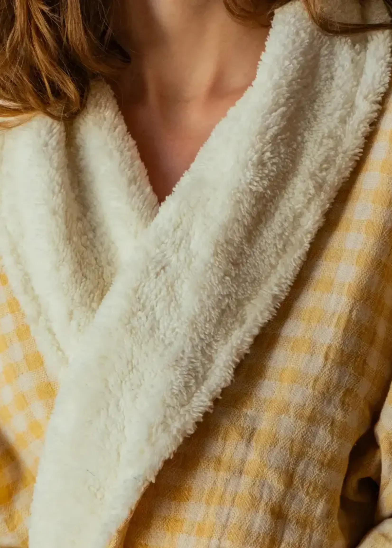 Olive & Loom Checked Cotton Robe with Fleece Lining Mustard
