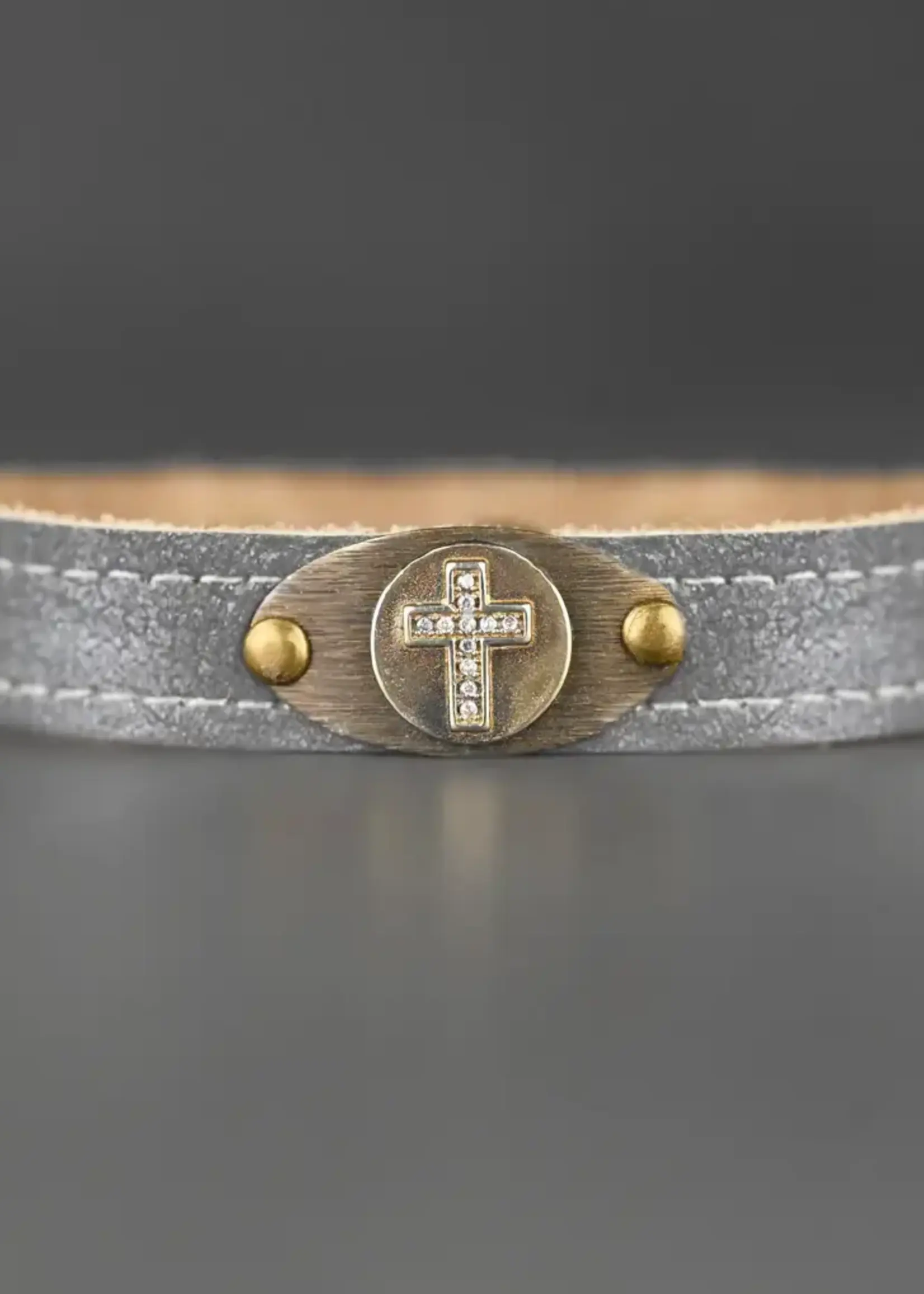 KBD Studio Leather Stacker Cuff w/Brass Cross and Delicate Crystals