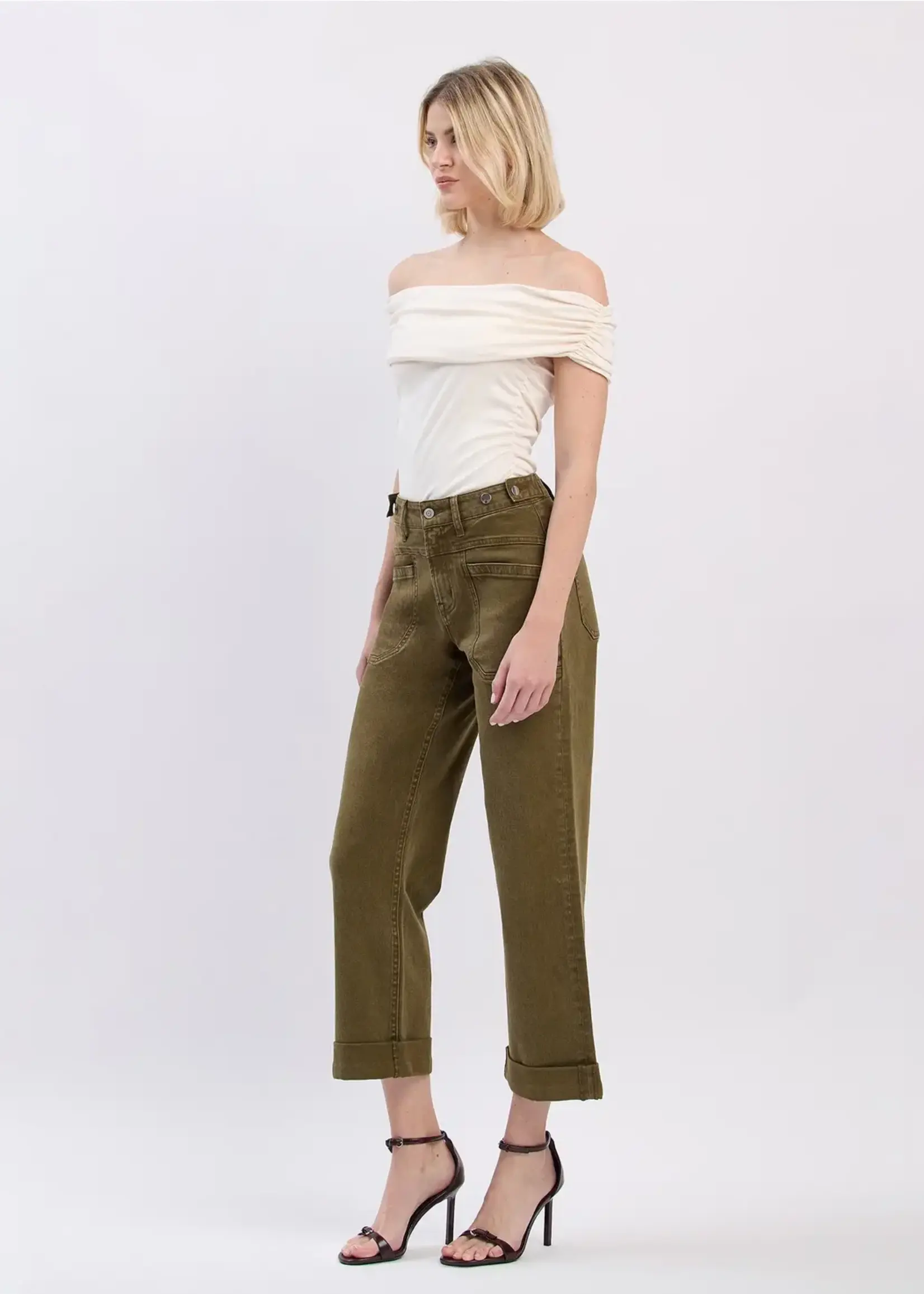 Flying Monkey High Rise Dark Olive Tab Cuff Wide Leg Jeans
