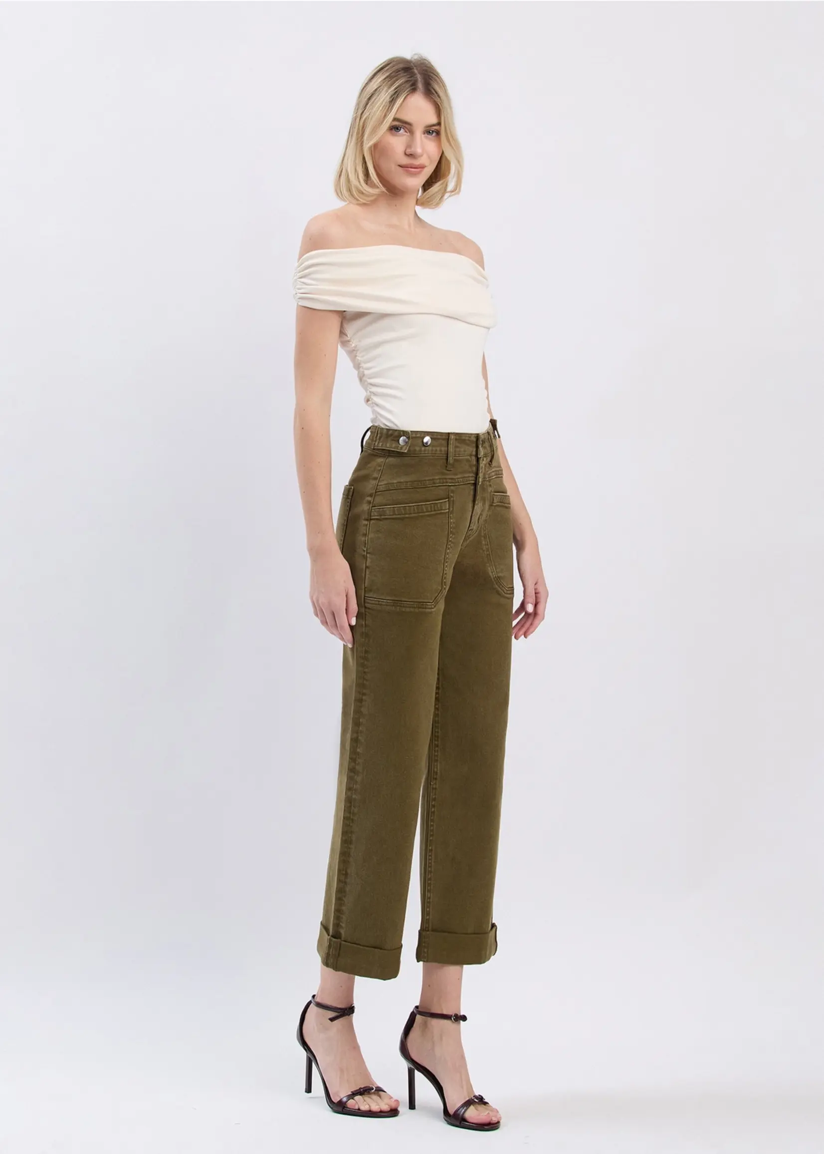 Flying Monkey High Rise Dark Olive Tab Cuff Wide Leg Jeans