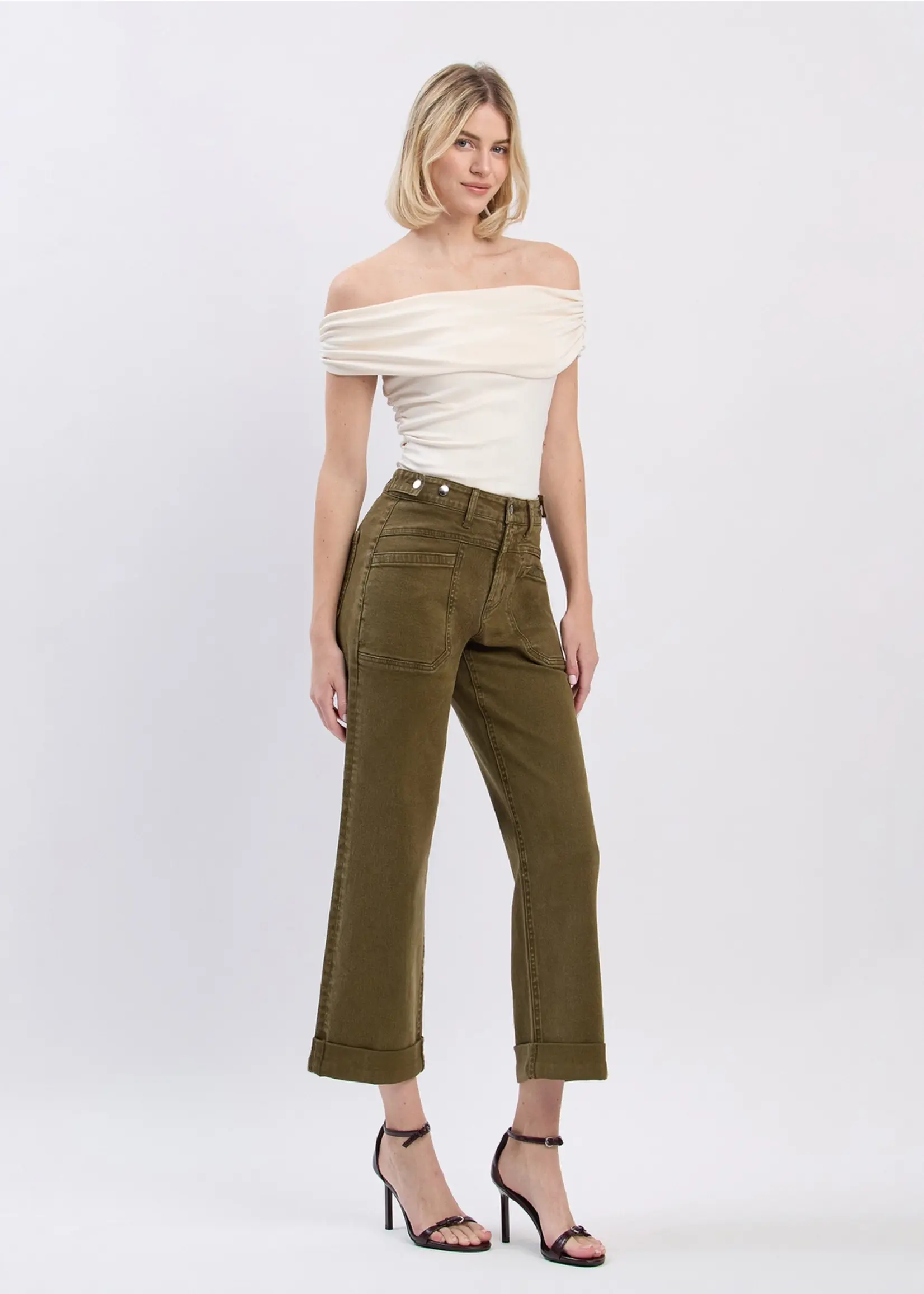 Flying Monkey High Rise Dark Olive Tab Cuff Wide Leg Jeans