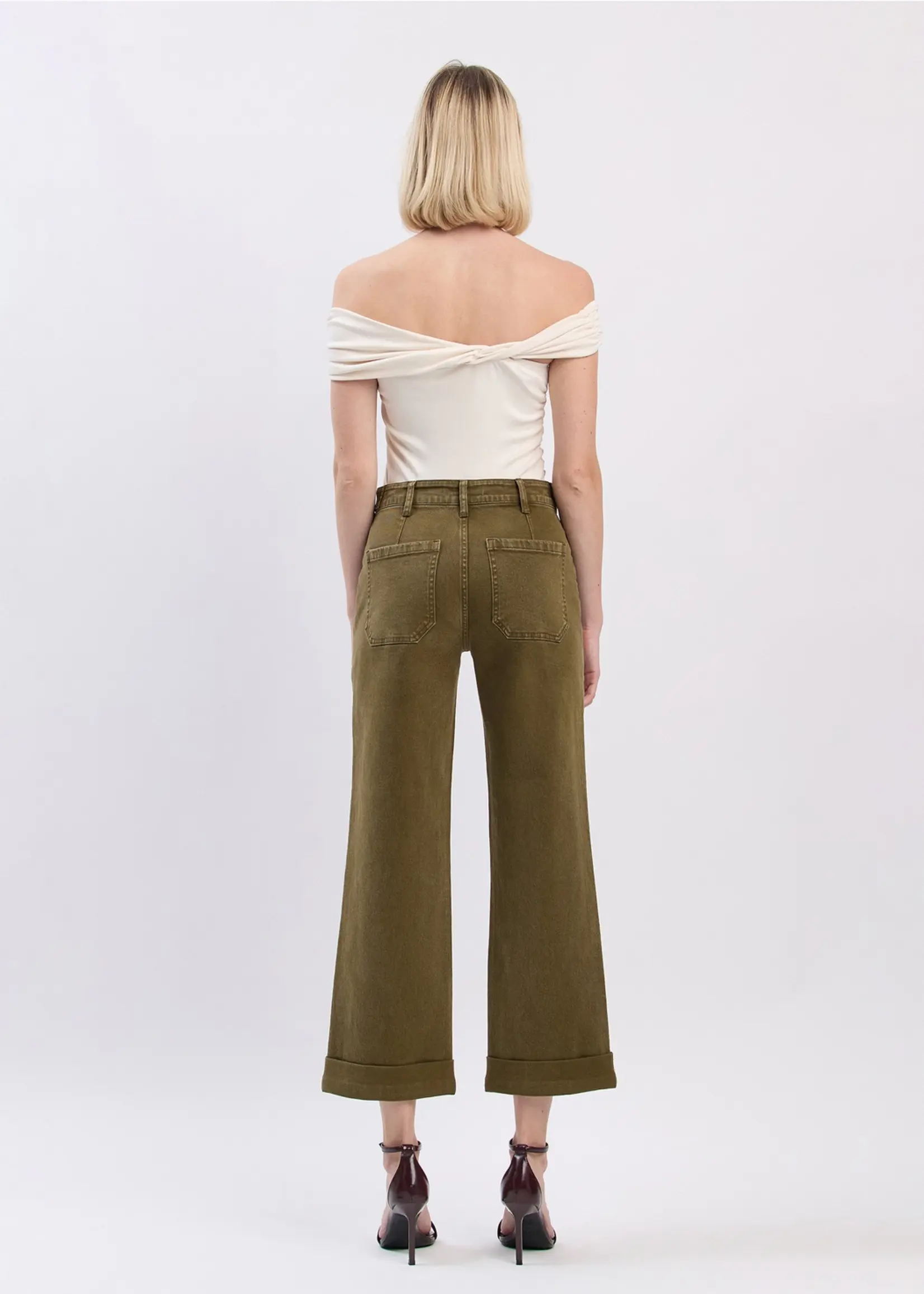 Flying Monkey High Rise Dark Olive Tab Cuff Wide Leg Jeans