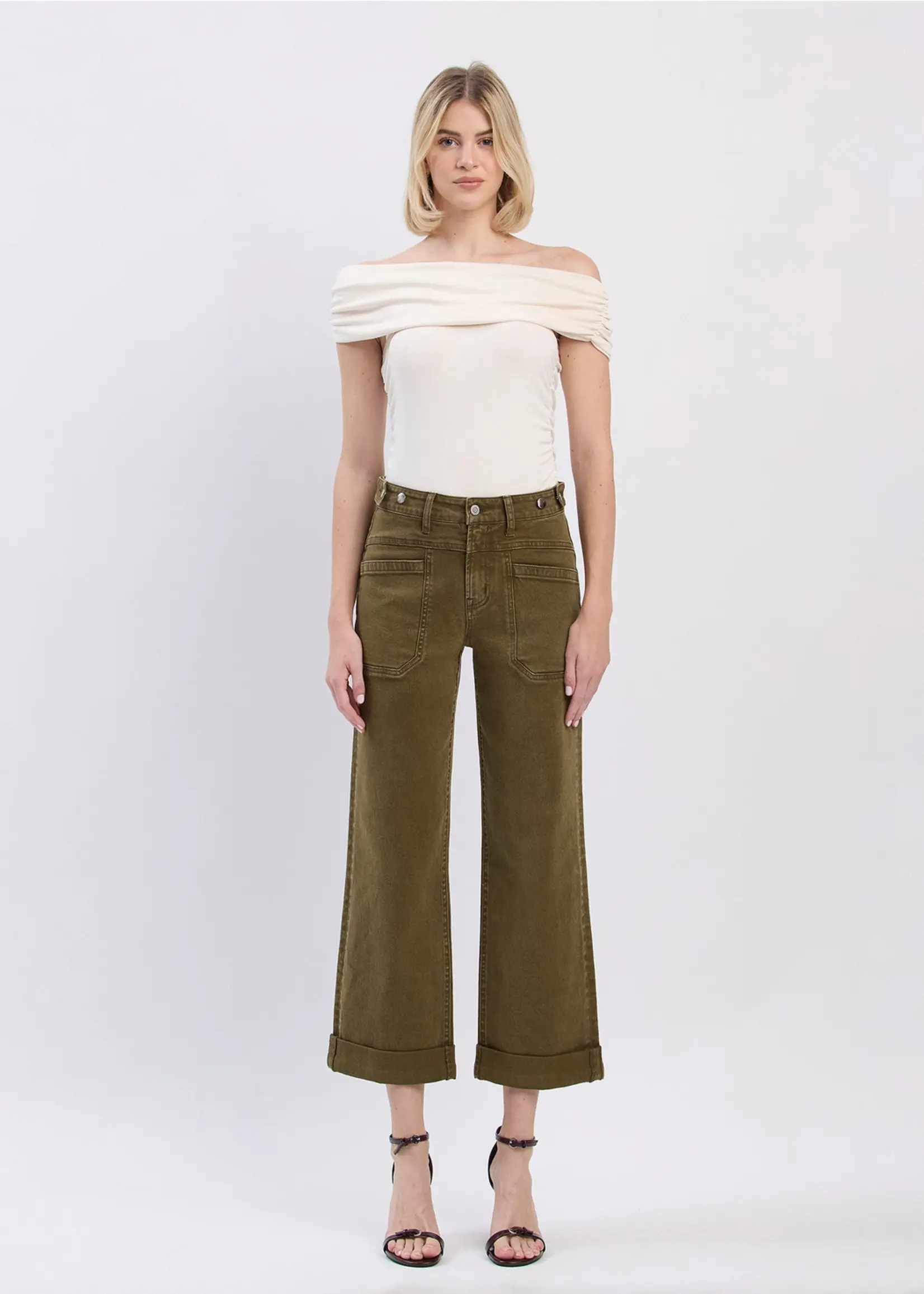Flying Monkey High Rise Dark Olive Tab Cuff Wide Leg Jeans