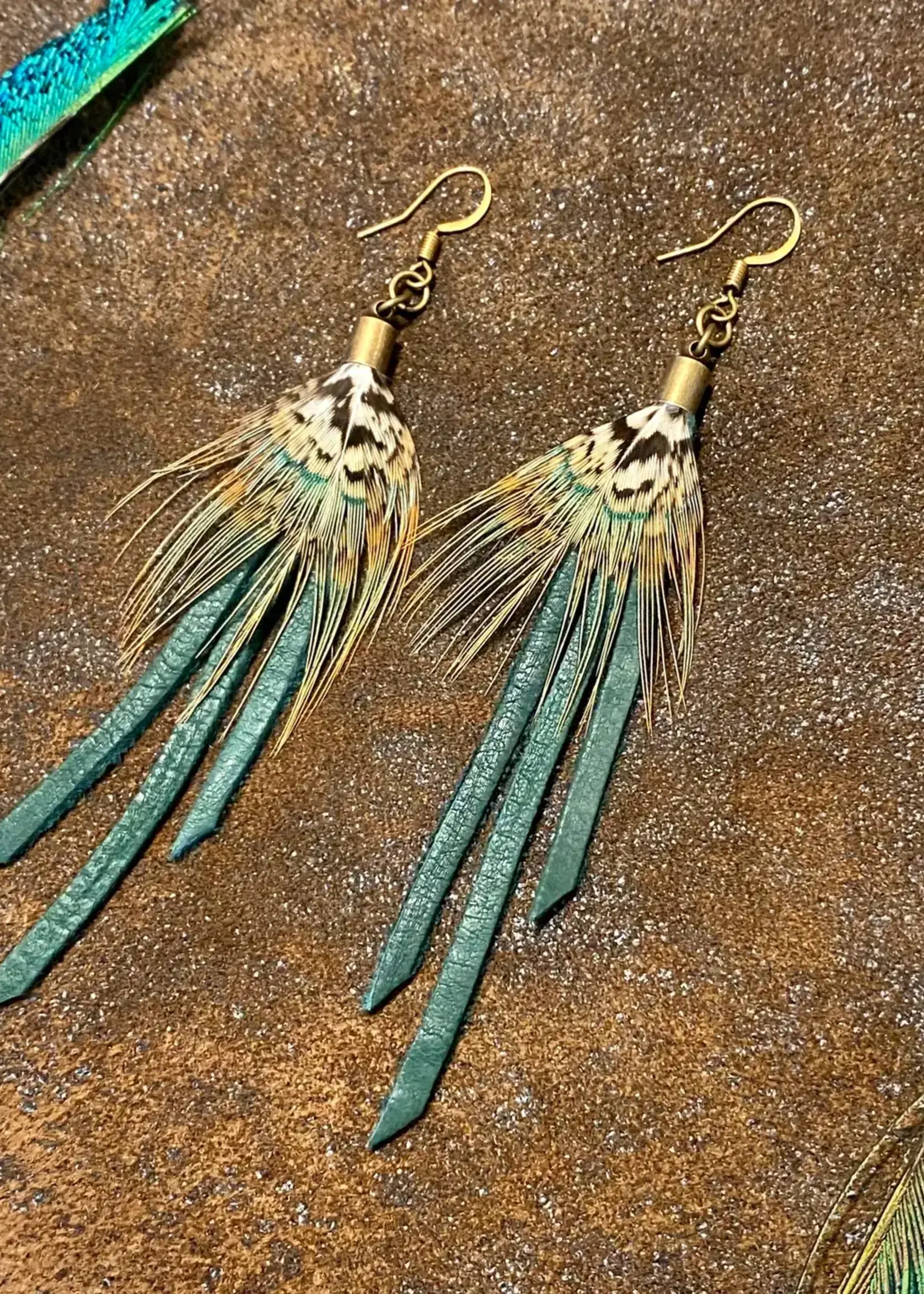 ASTALI Pheasant Feather & Hunter Leather Mini Earrings