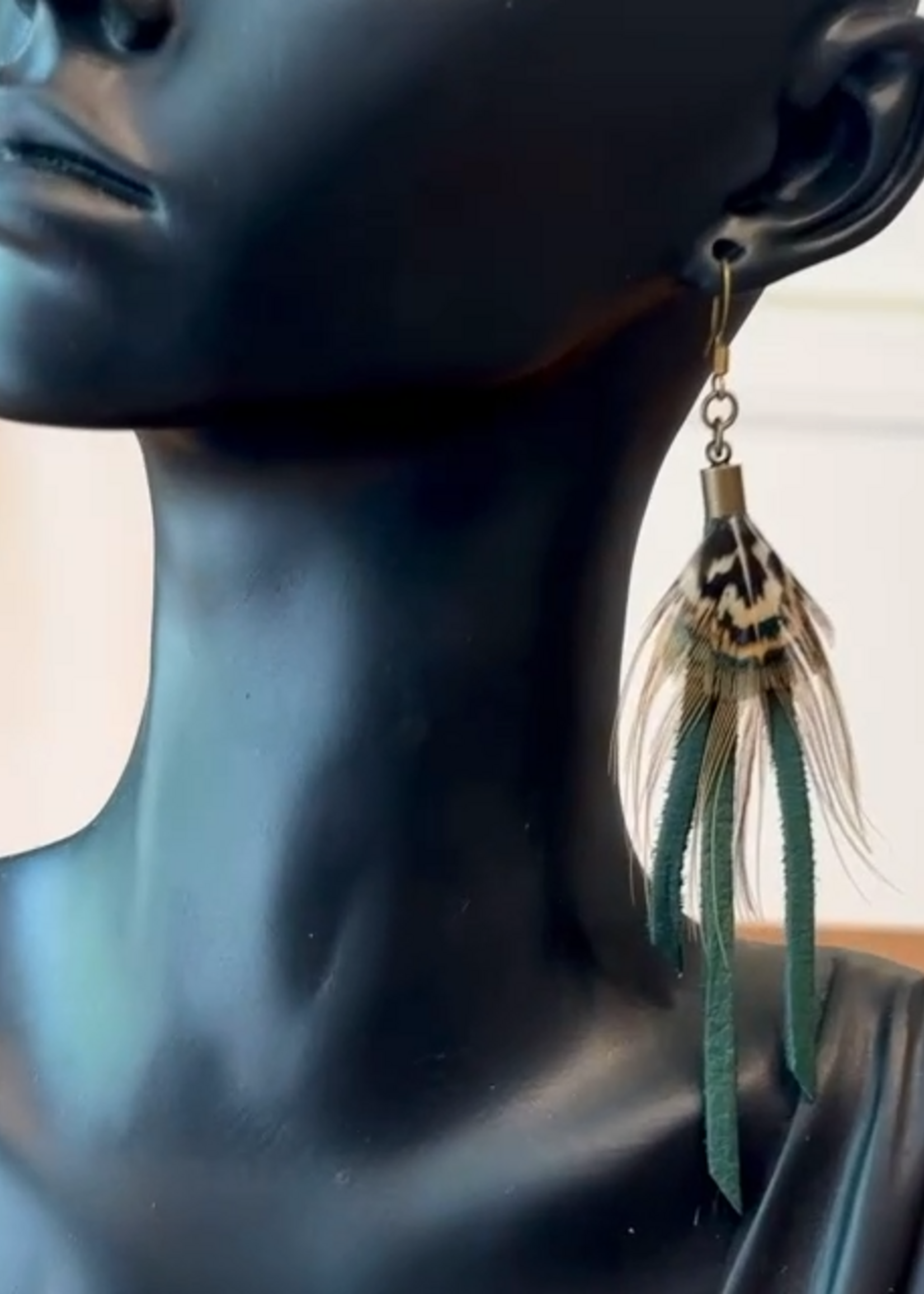 ASTALI Pheasant Feather & Hunter Leather Mini Earrings