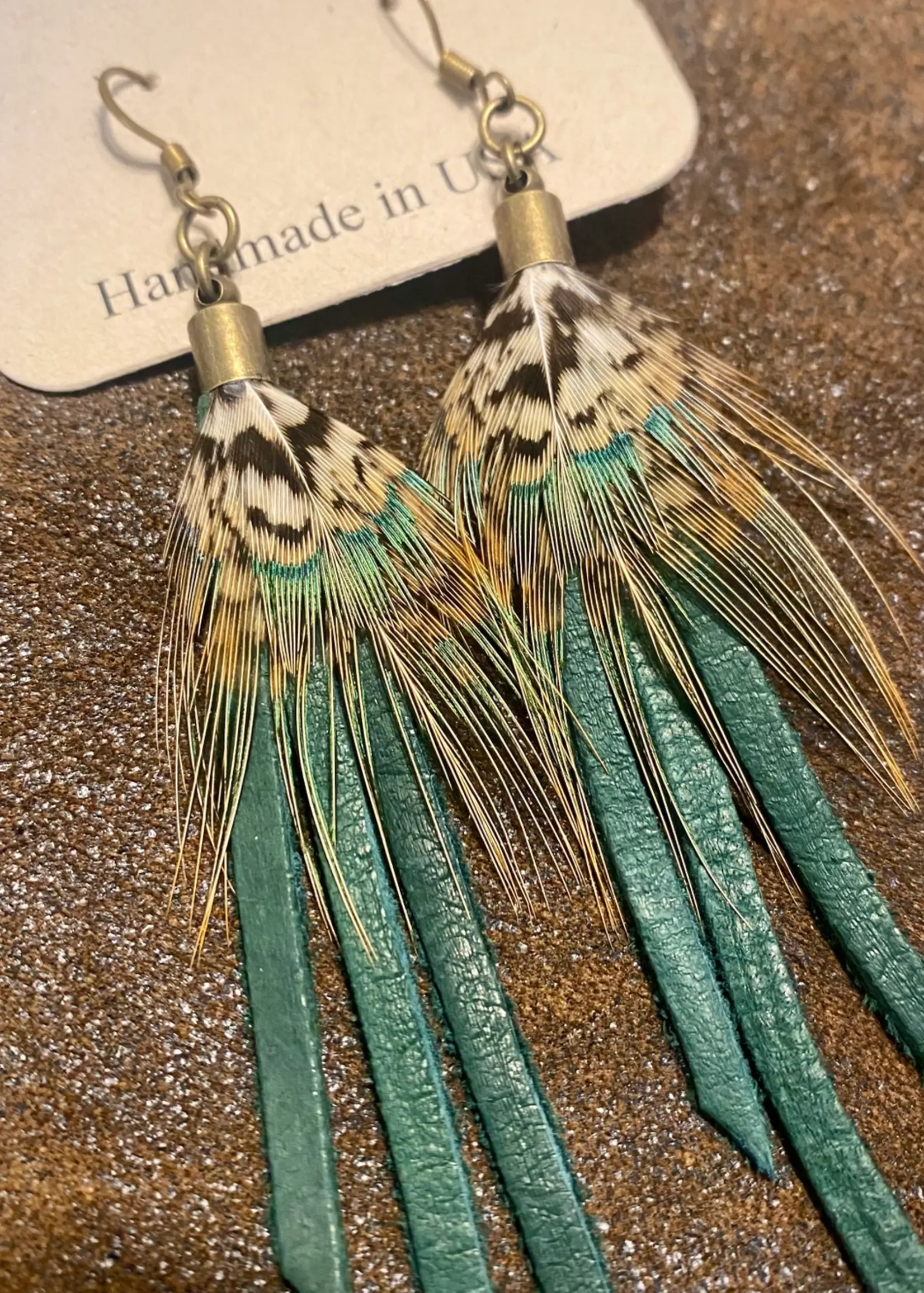 ASTALI Pheasant Feather & Hunter Leather Mini Earrings