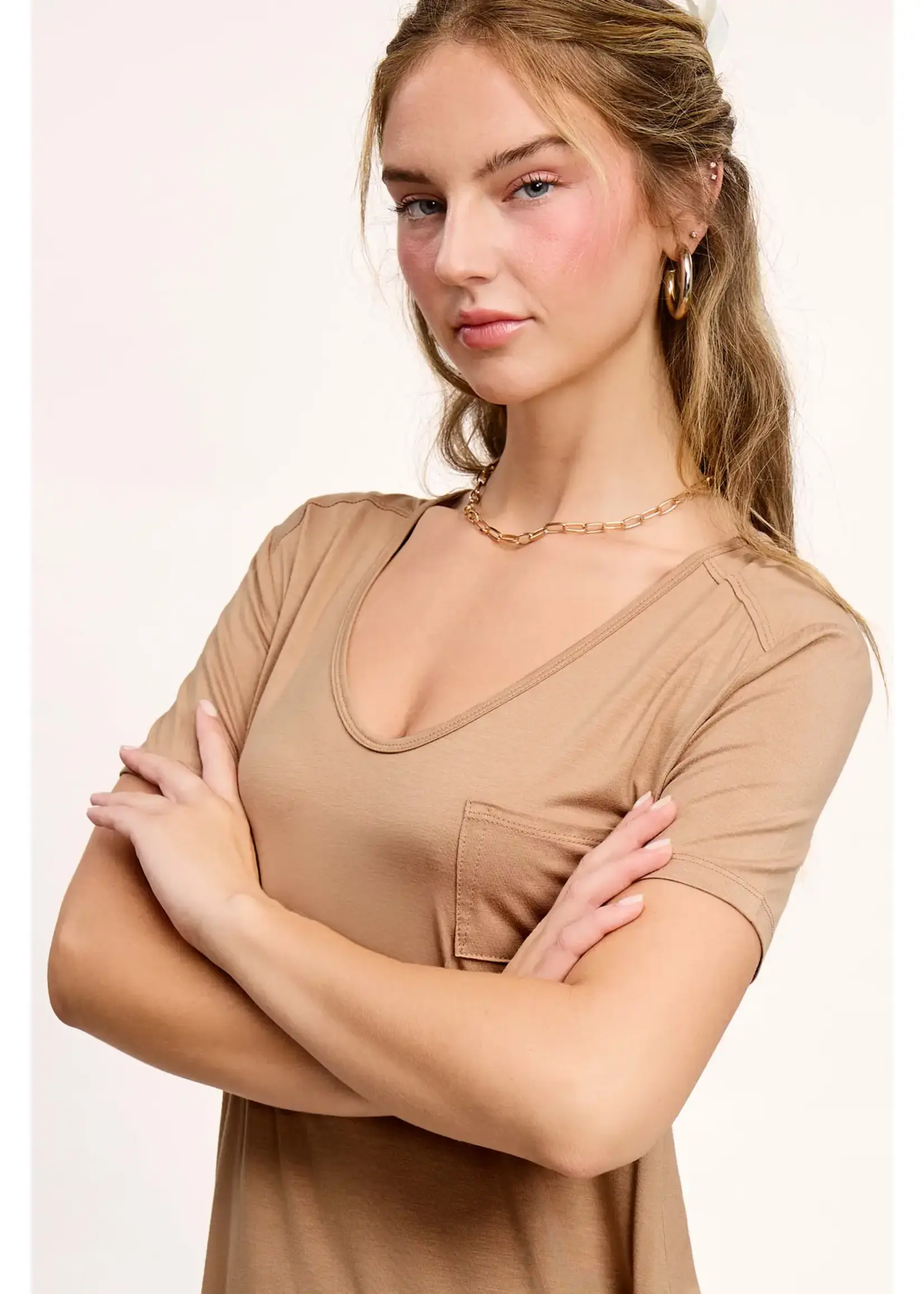 La Miel Super Soft Front Pocket Short Sleeve Basic Top