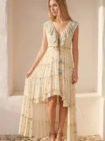 Lula Natura Asymmetric Embroidered Dress with Beige Flowers
