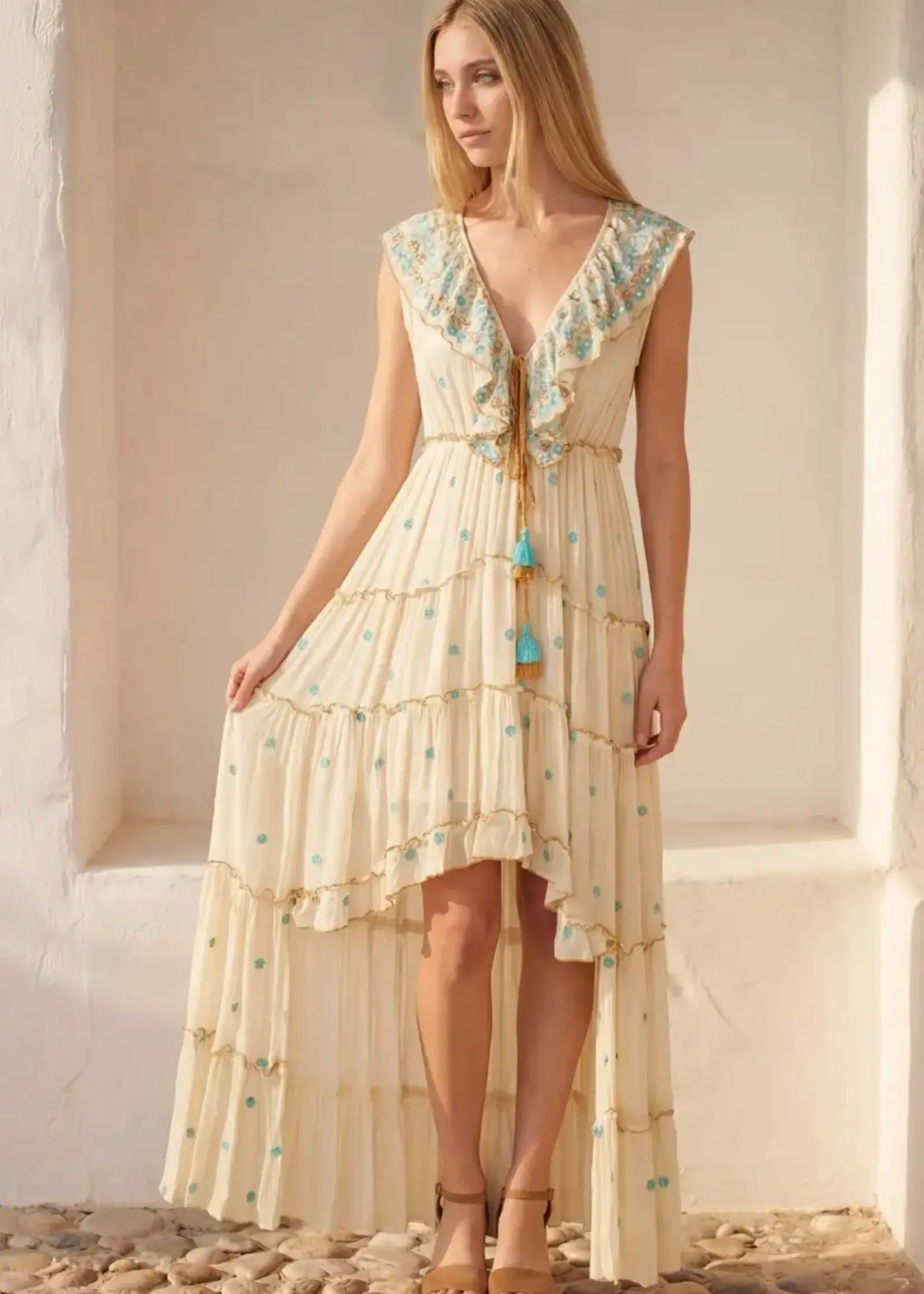 Lula Natura Asymmetric Embroidered Dress with Beige Flowers
