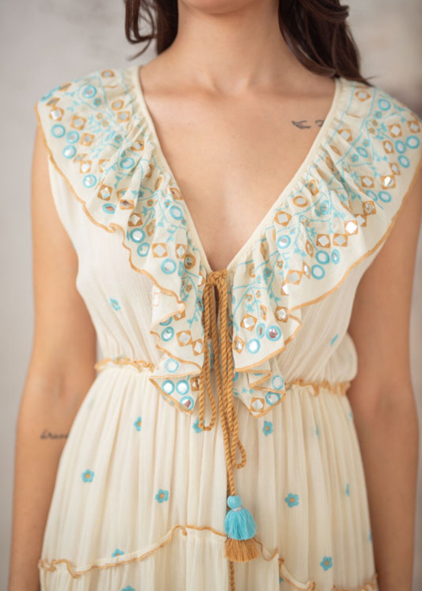 Lula Natura Asymmetric Embroidered Dress with Beige Flowers