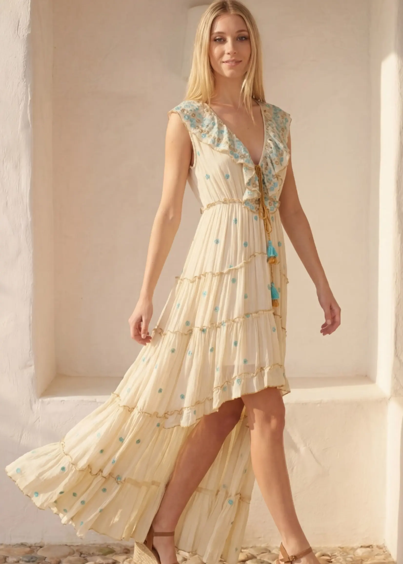 Lula Natura Asymmetric Embroidered Dress with Beige Flowers